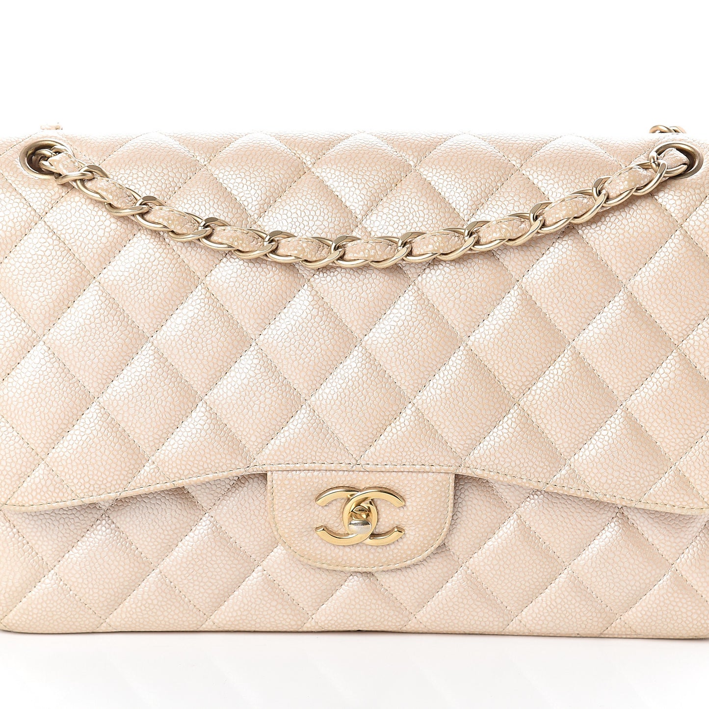 Pearly Caviar Quilted Jumbo Double Flap Light Beige