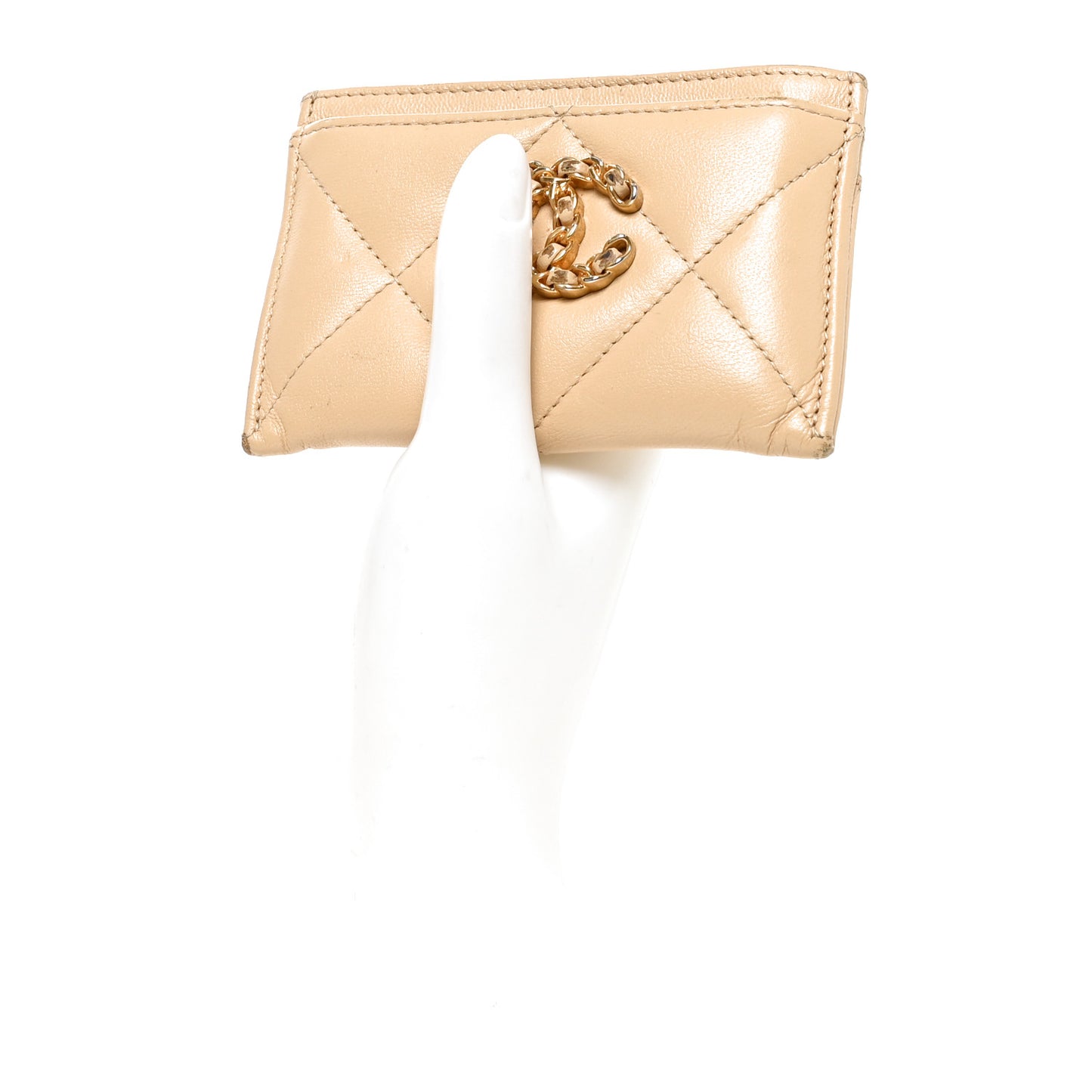 Lambskin Quilted Chanel 19 Card Holder Light Beige