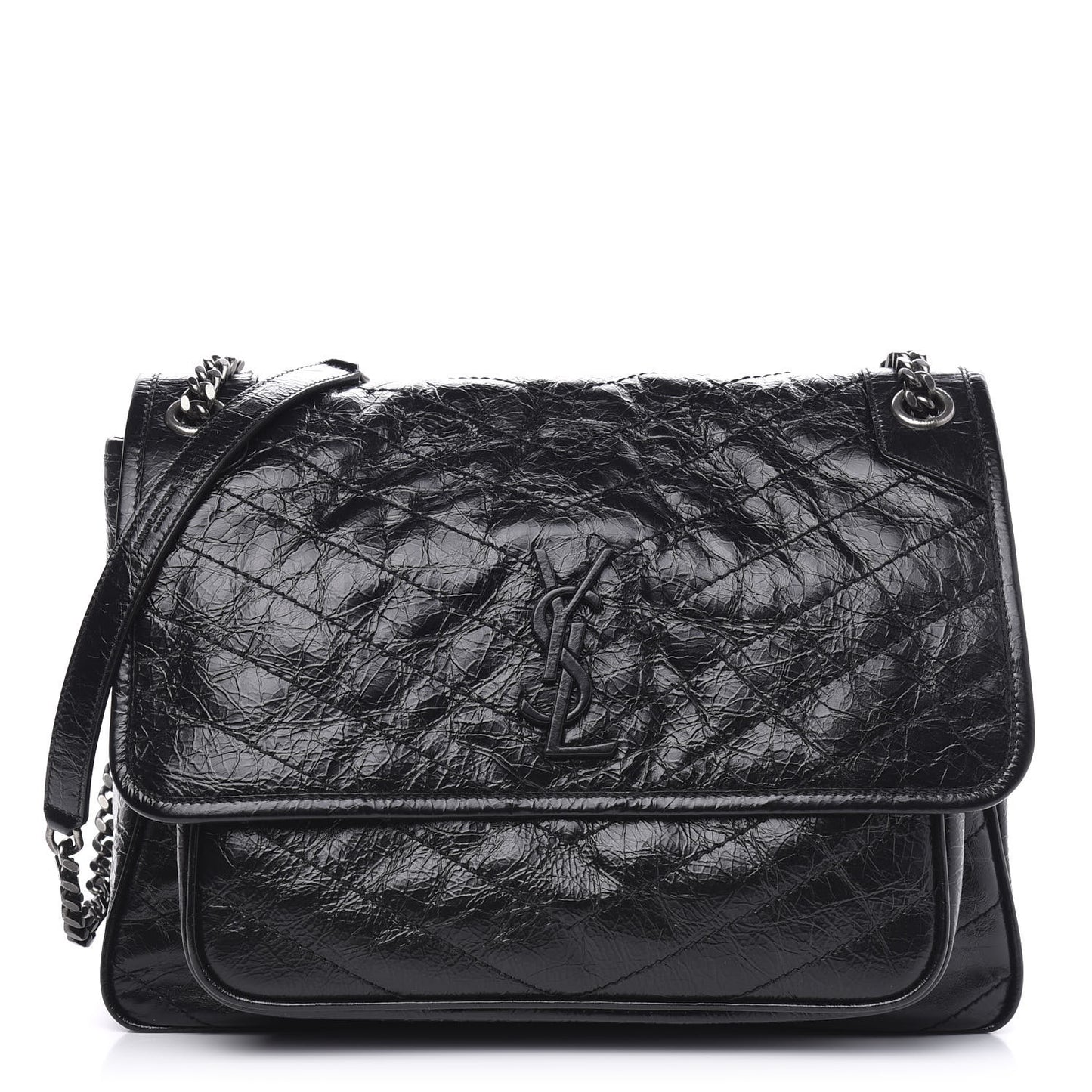 Crinkled Calfskin Matelasse Monogram Large Niki Chain Satchel Black