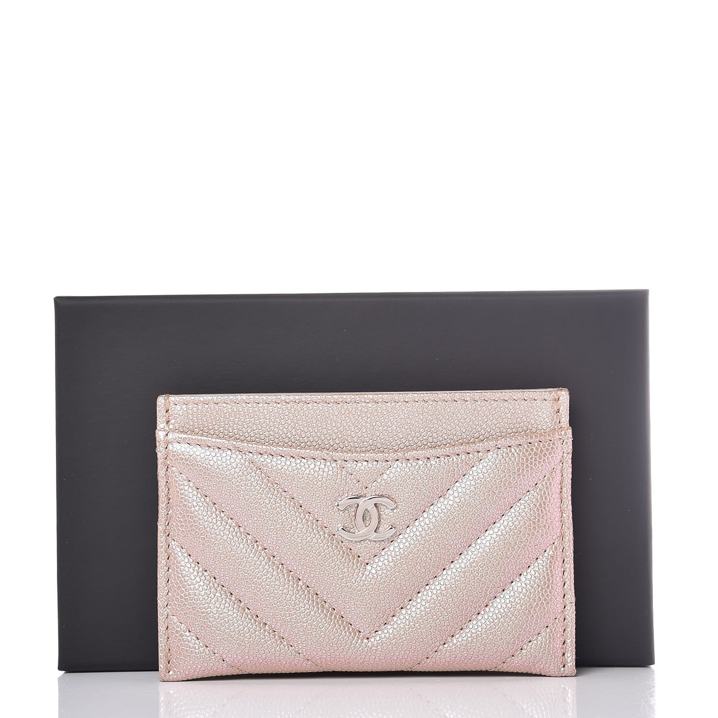 Metallic Caviar Chevron Quilted Card Holder Light Gold