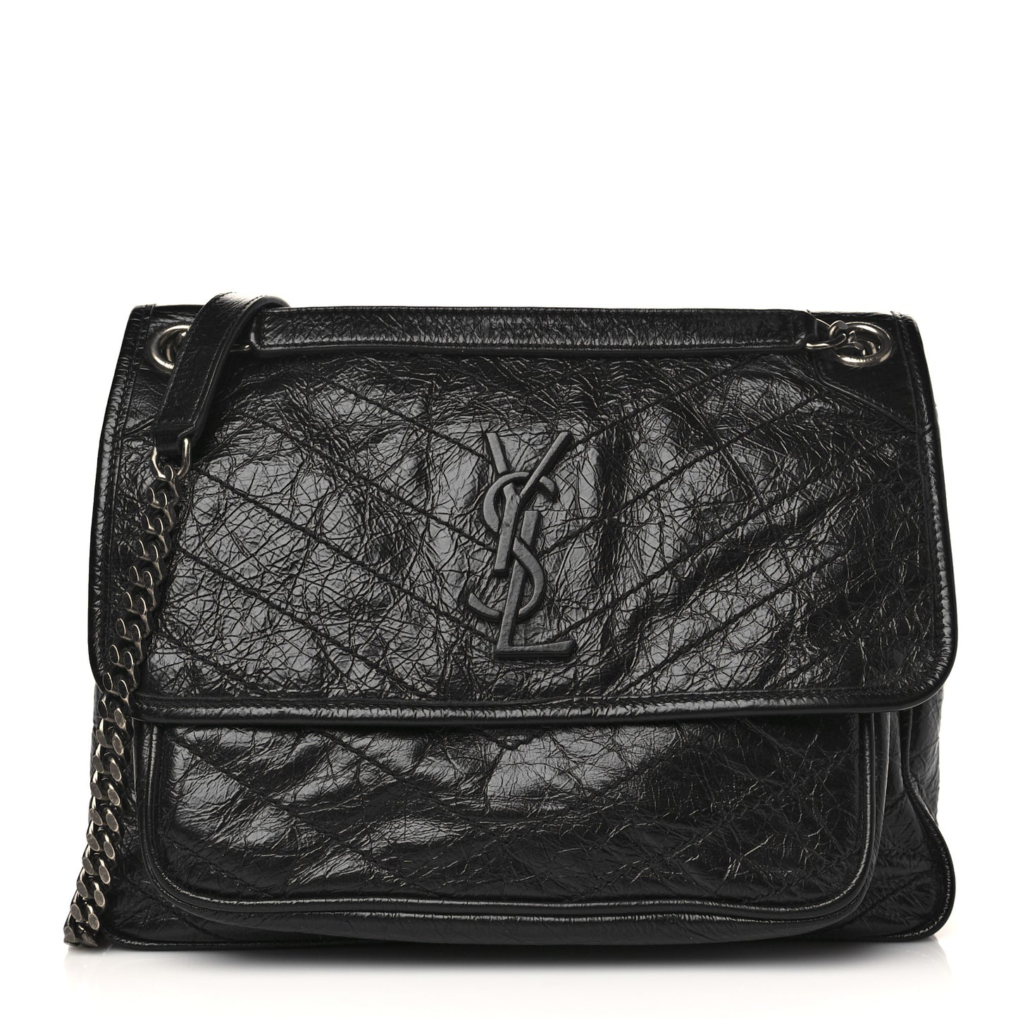 Crinkled Calfskin Matelasse Monogram Medium Niki Chain Satchel Black