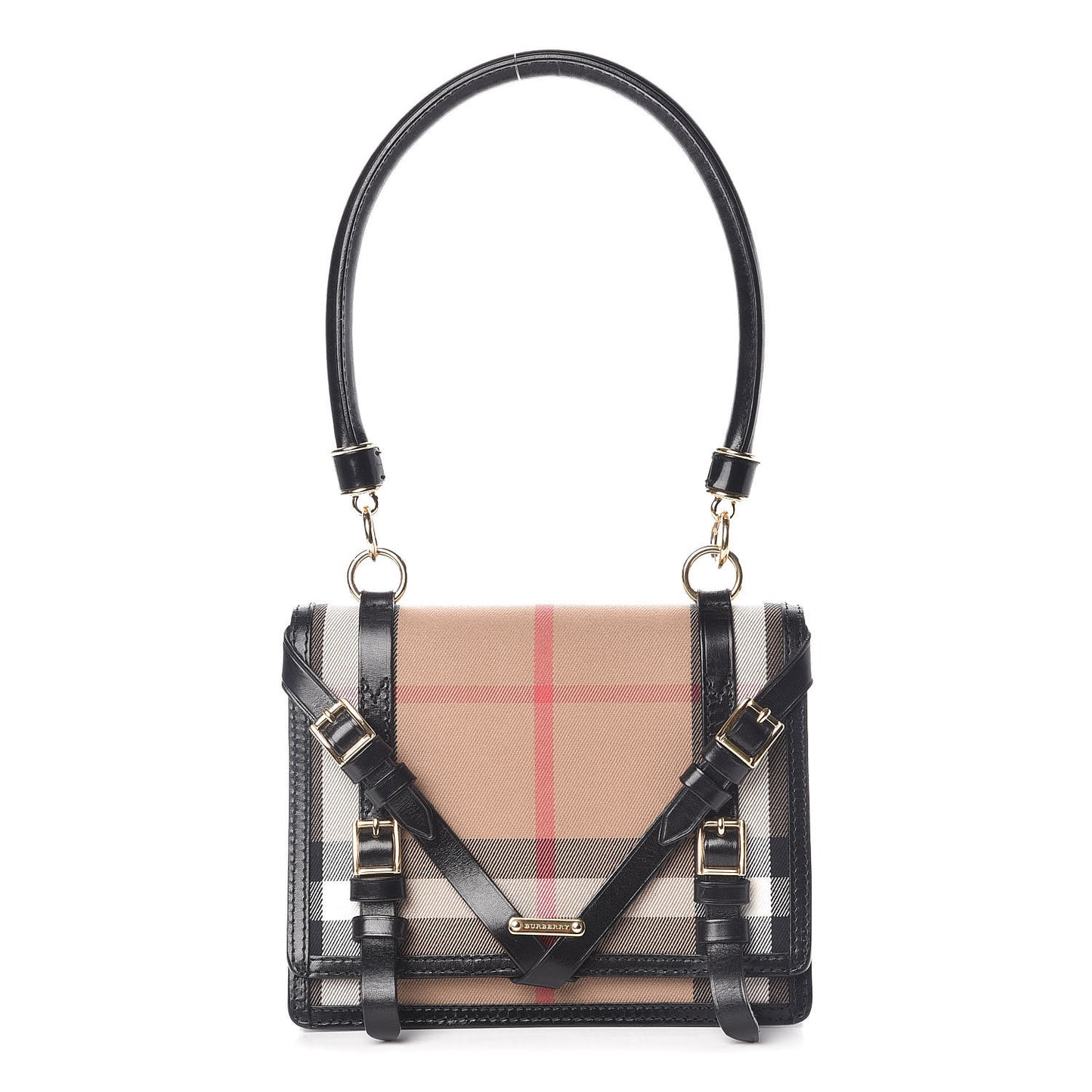 House Check Bridle Calfskin Top Handle Shoulder Bag Black