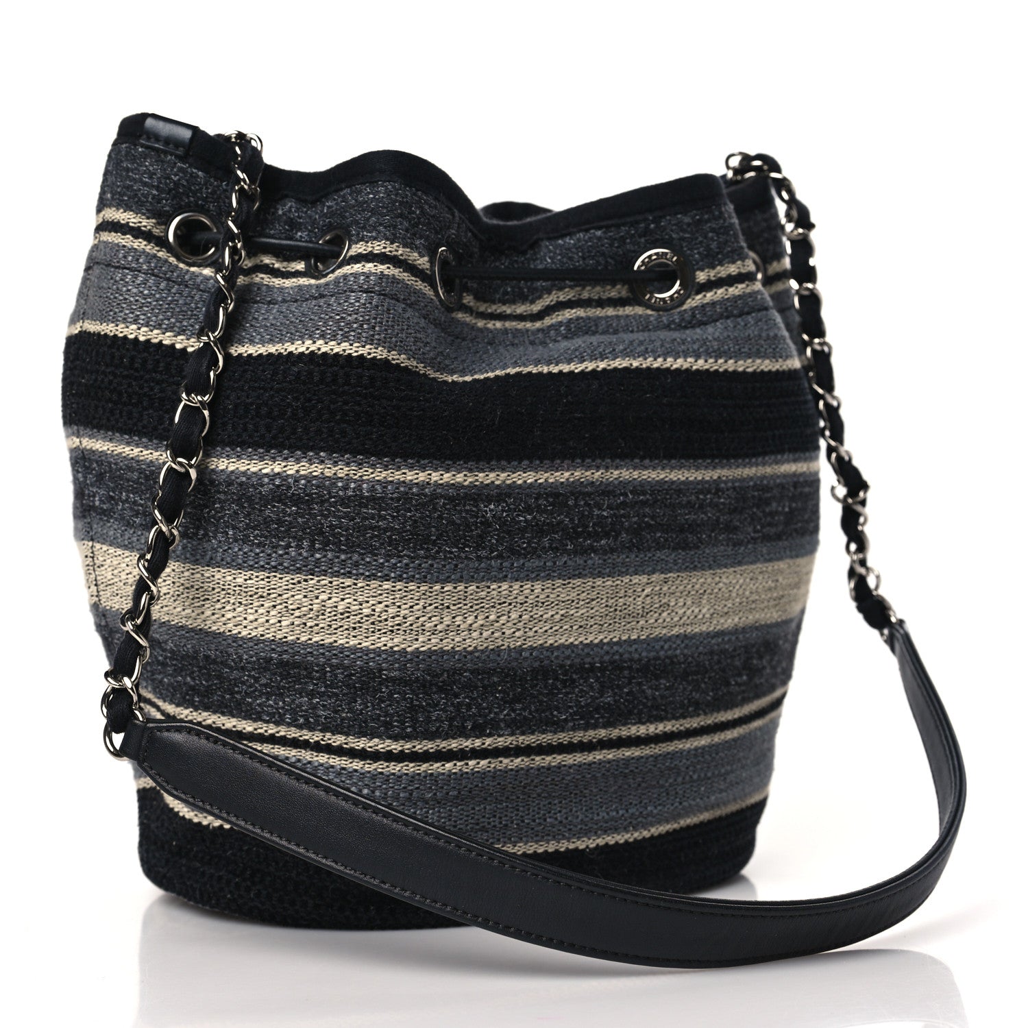 Chanel Striped Canvas Deauville Drawstring Bag Grey Black 3 of 9