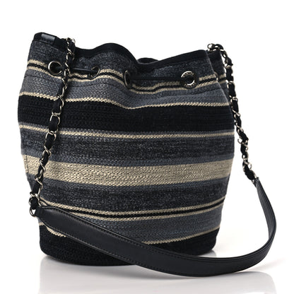 Chanel Striped Canvas Deauville Drawstring Bag Grey Black 3 of 9