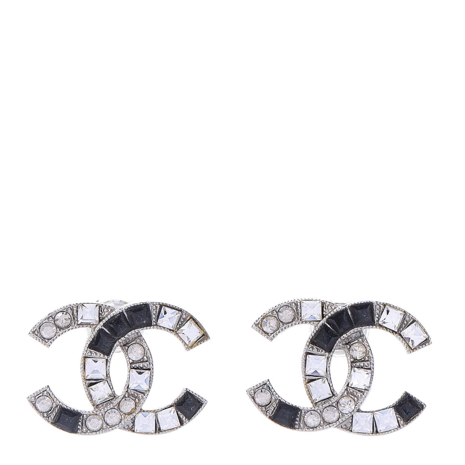 Chanel Baguette Crystal CC Earrings Silver Black 1 of 5