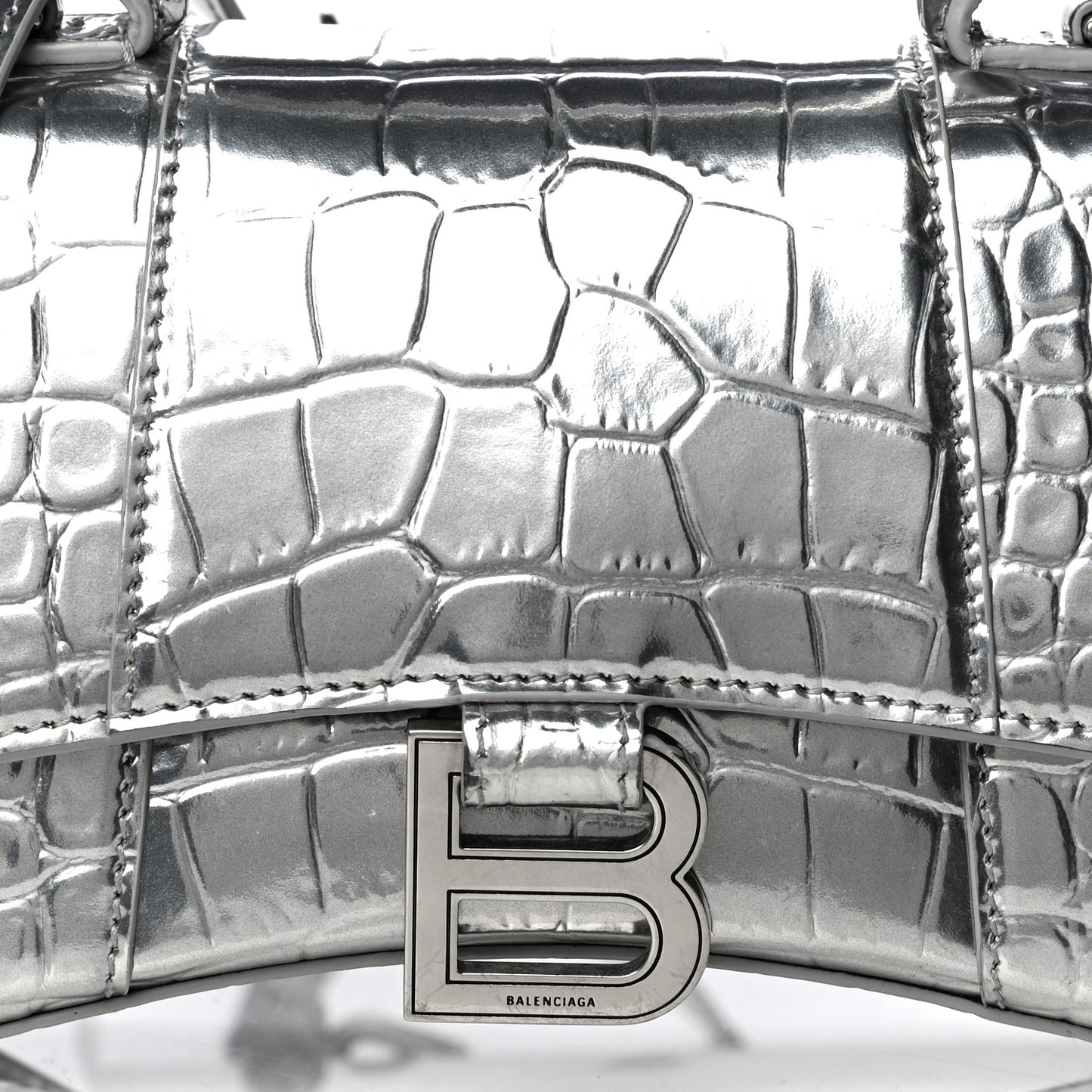 Metallic Calfskin Crocodile Embossed Hourglass Top Handle Bag XS Silver