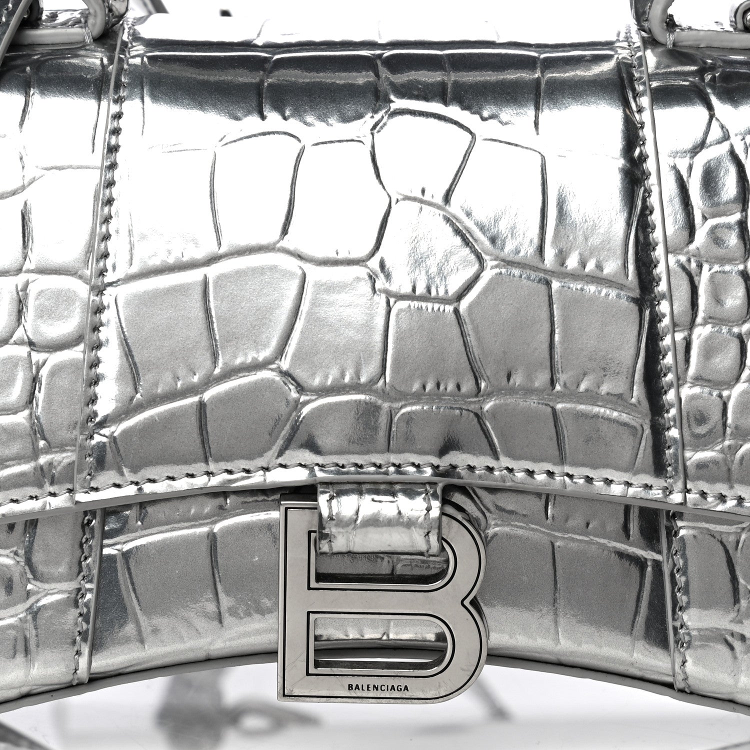 Balenciaga Metallic Calfskin Crocodile Embossed Hourglass Top Handle Bag XS Silver 7 of 9