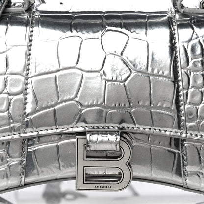 Balenciaga Metallic Calfskin Crocodile Embossed Hourglass Top Handle Bag XS Silver 7 of 9