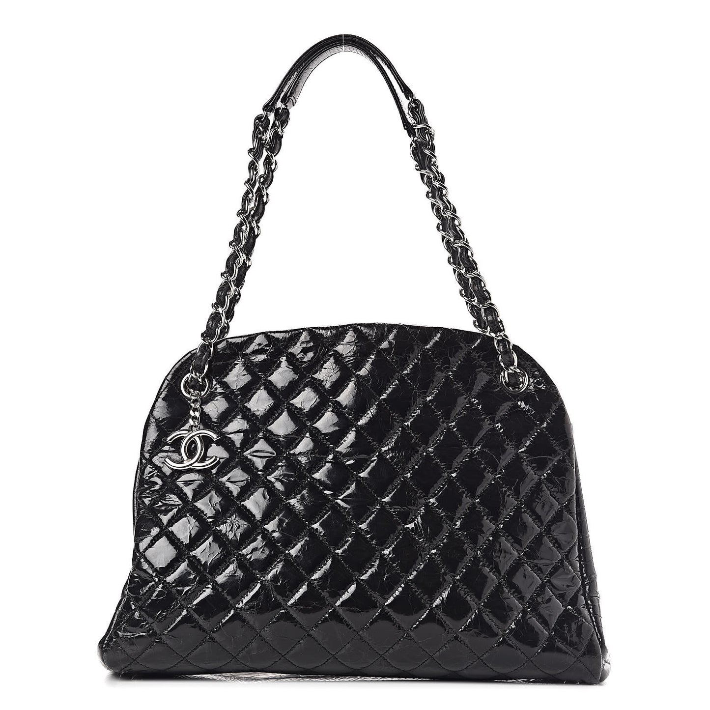 Glazed Calfskin Quilted Large Just Mademoiselle Bowling Bag Black