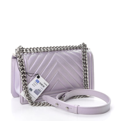 Chanel Metallic Lambskin Chevron Quilted Medium Boy Flap Pink 3 of 12