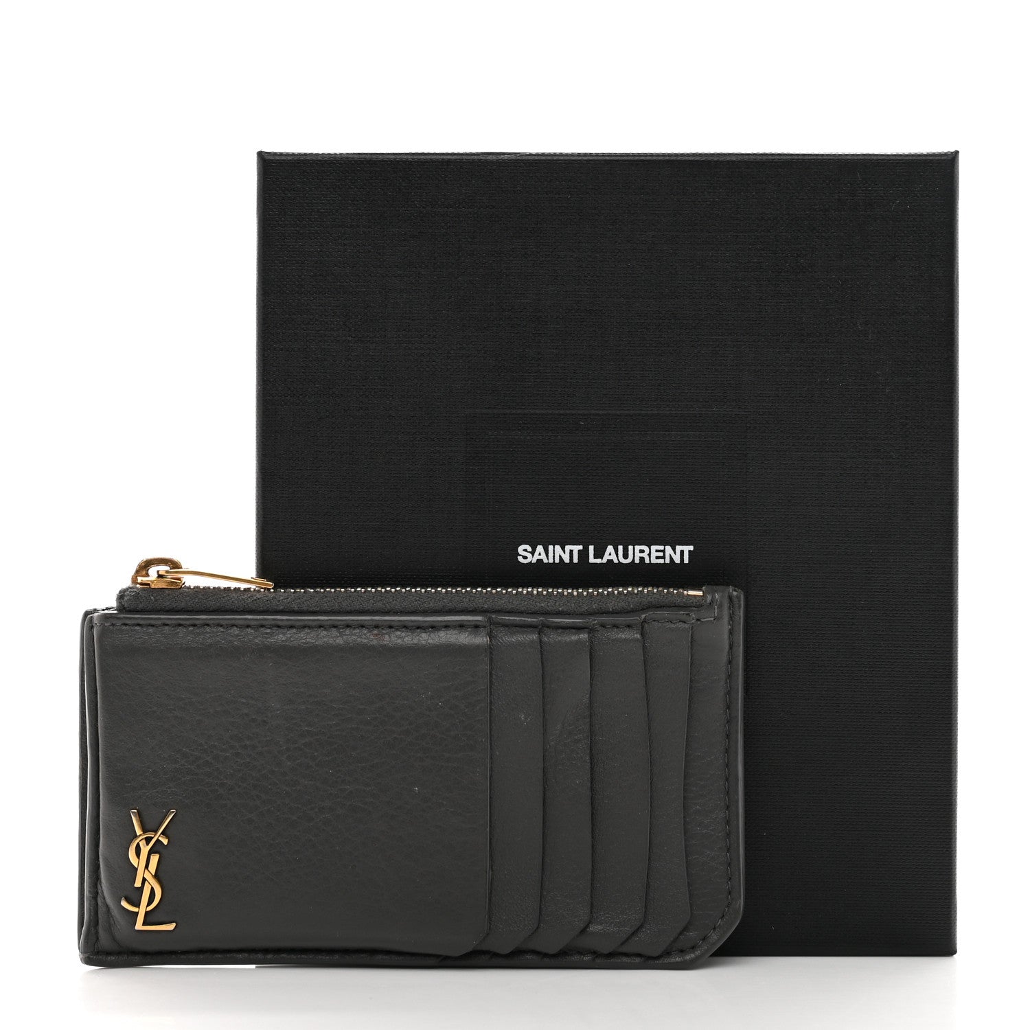 Saint Laurent Grained Calfskin Monogram 5 Fragments Zip Pouch Card Holder Storm 8 of 8