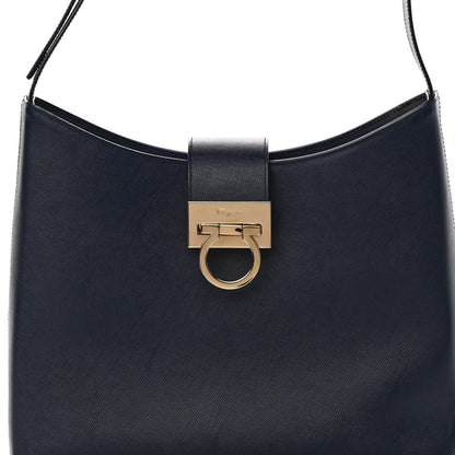 Salvatore Ferragamo Hammered Calfskin Trifolio Shoulder Bag Navy 7 of 11