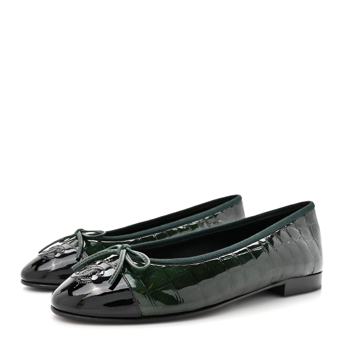 Patent Calfskin Crocodile Embossed Ballerina Flats 37 Dark Green Black