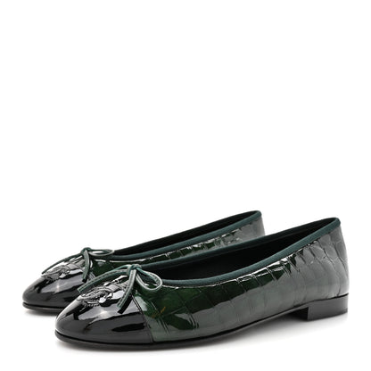 Chanel Patent Calfskin Crocodile Embossed Ballerina Flats 37 Dark Green Black 4 of 10