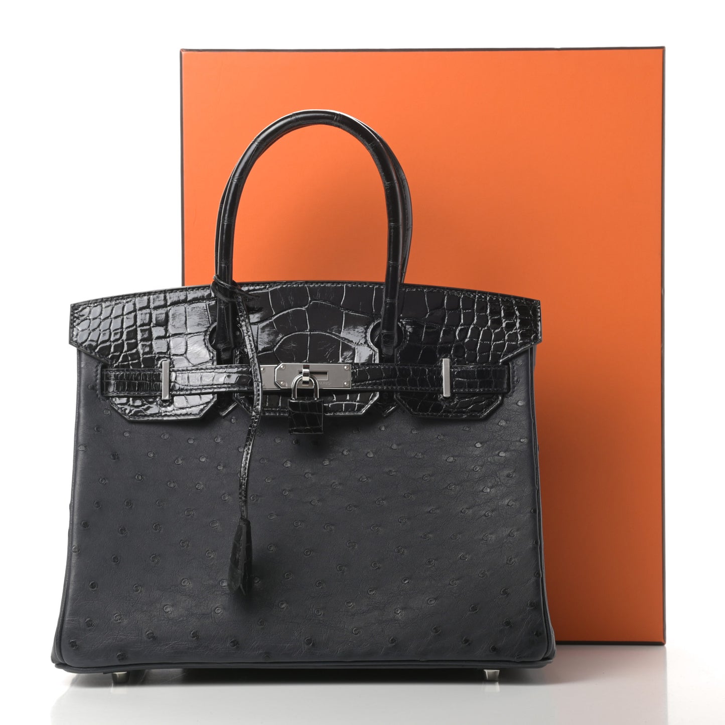 Ostrich Shiny Alligator Birkin Touch 30 Black