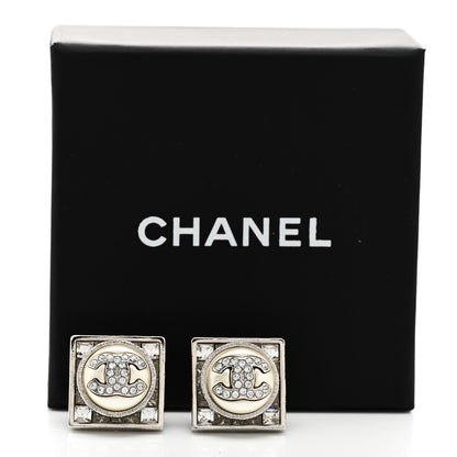 Chanel Pearl Baguette Crystal CC Square Earrings Silver White 5 of 5