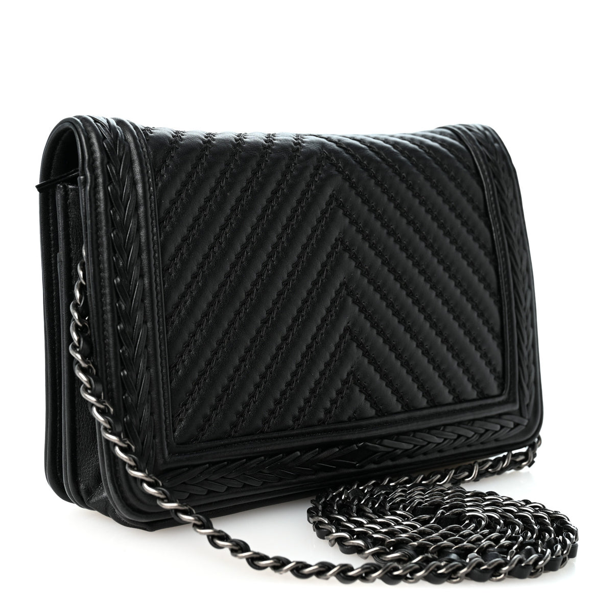 Calfskin Chevron Quilted Braided Boy Wallet On Chain WOC Black