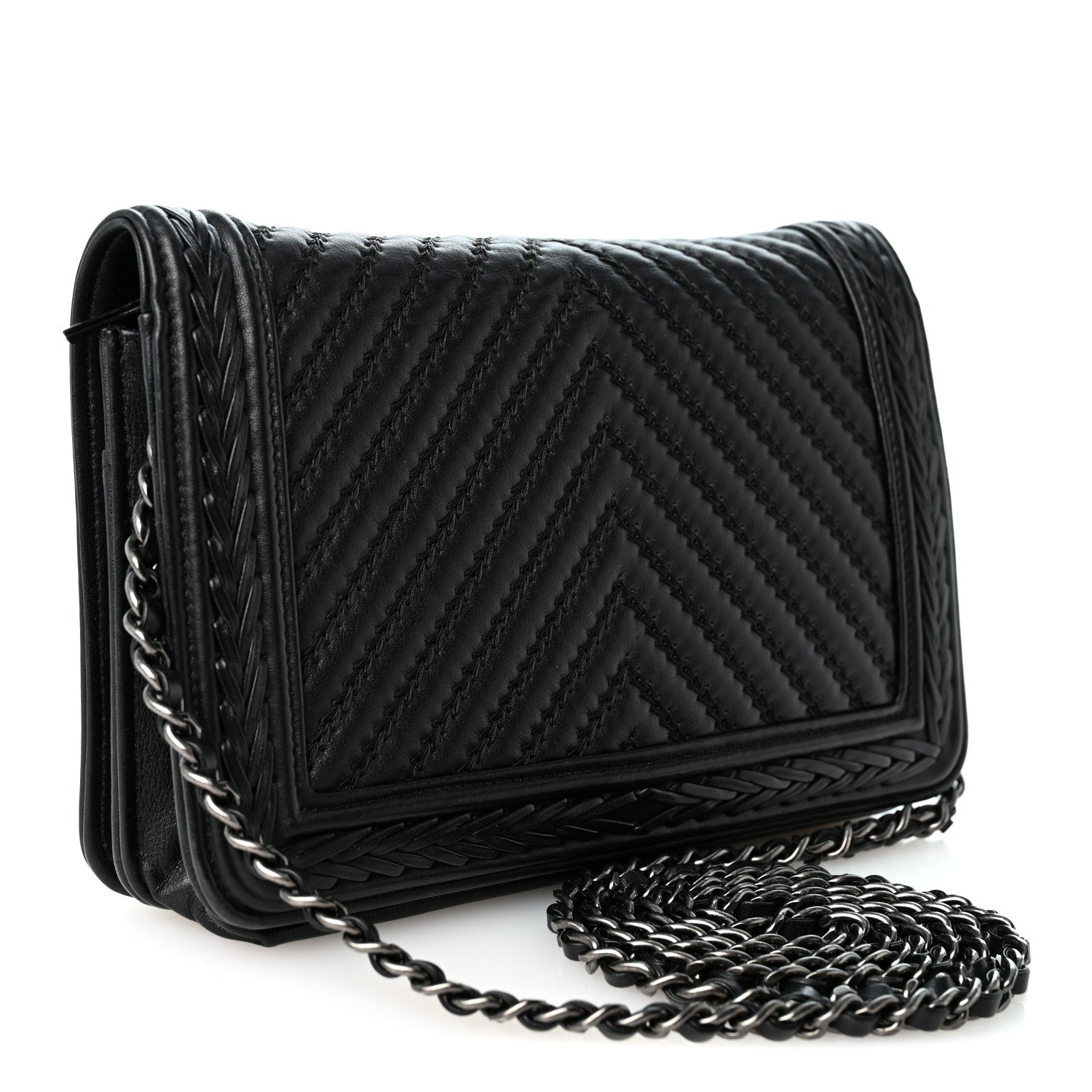 Chanel Calfskin Chevron Quilted Braided Boy Wallet On Chain WOC Black 3 of 11
