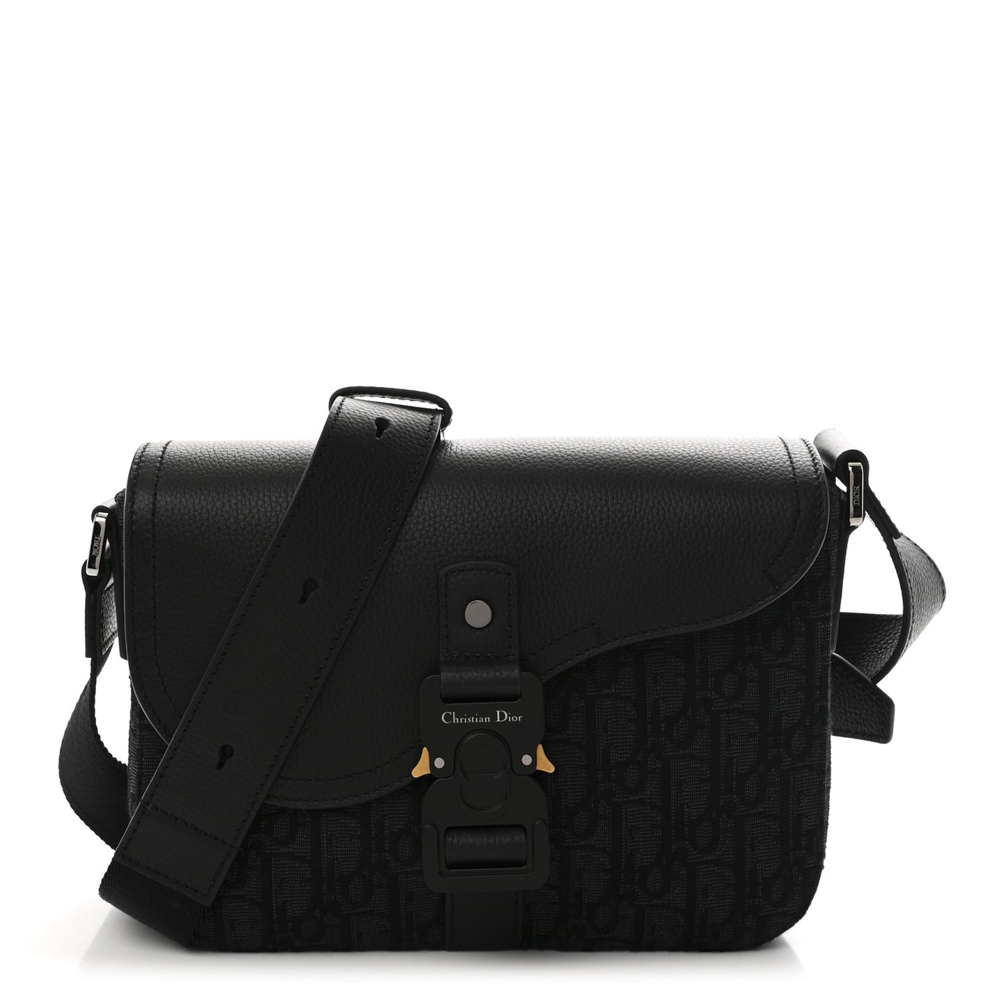 Oblique Jacquard Grained Calfskin Small Saddle Messenger Bag Black