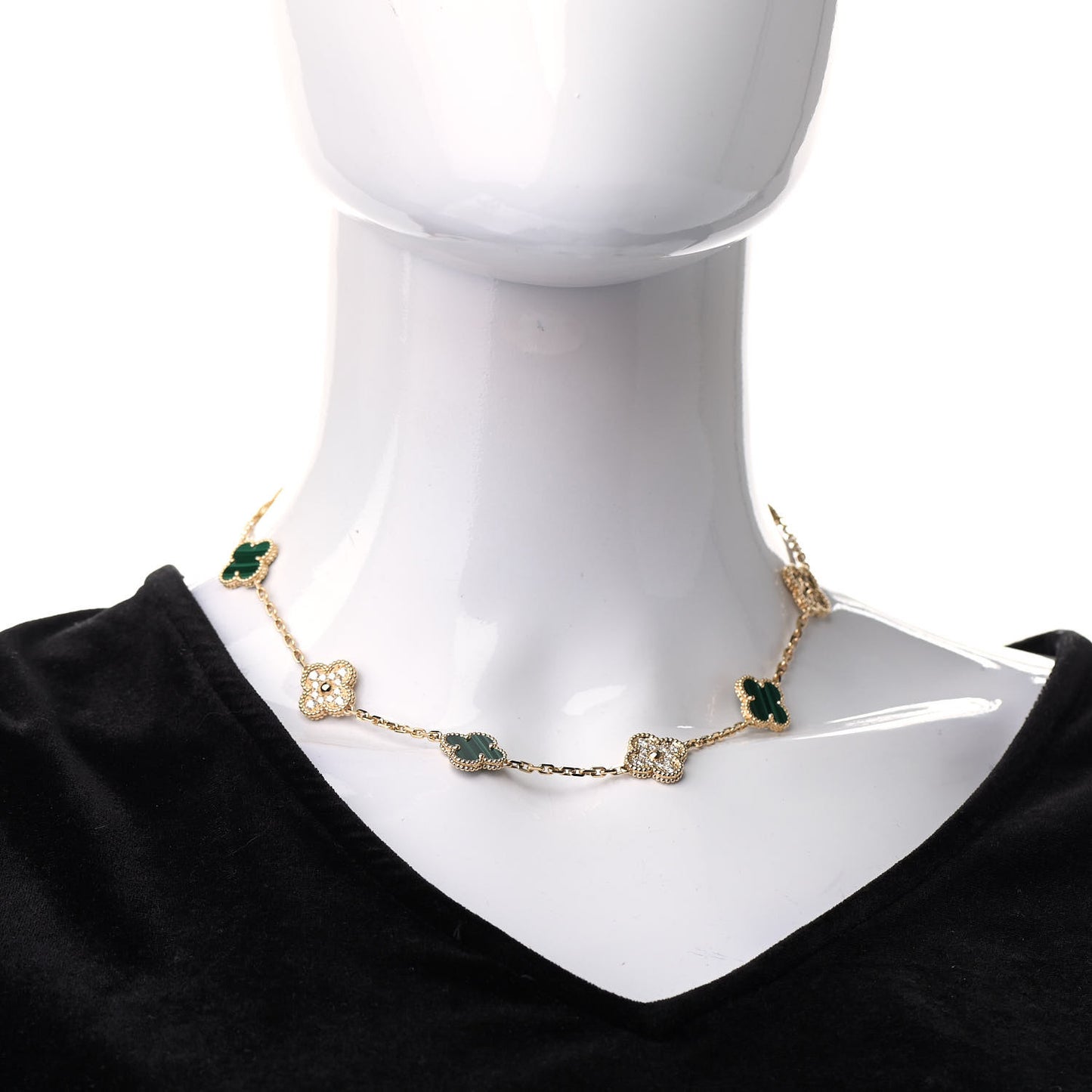 18K Yellow Gold Diamond Malachite 10 Motifs Vintage Alhambra Necklace