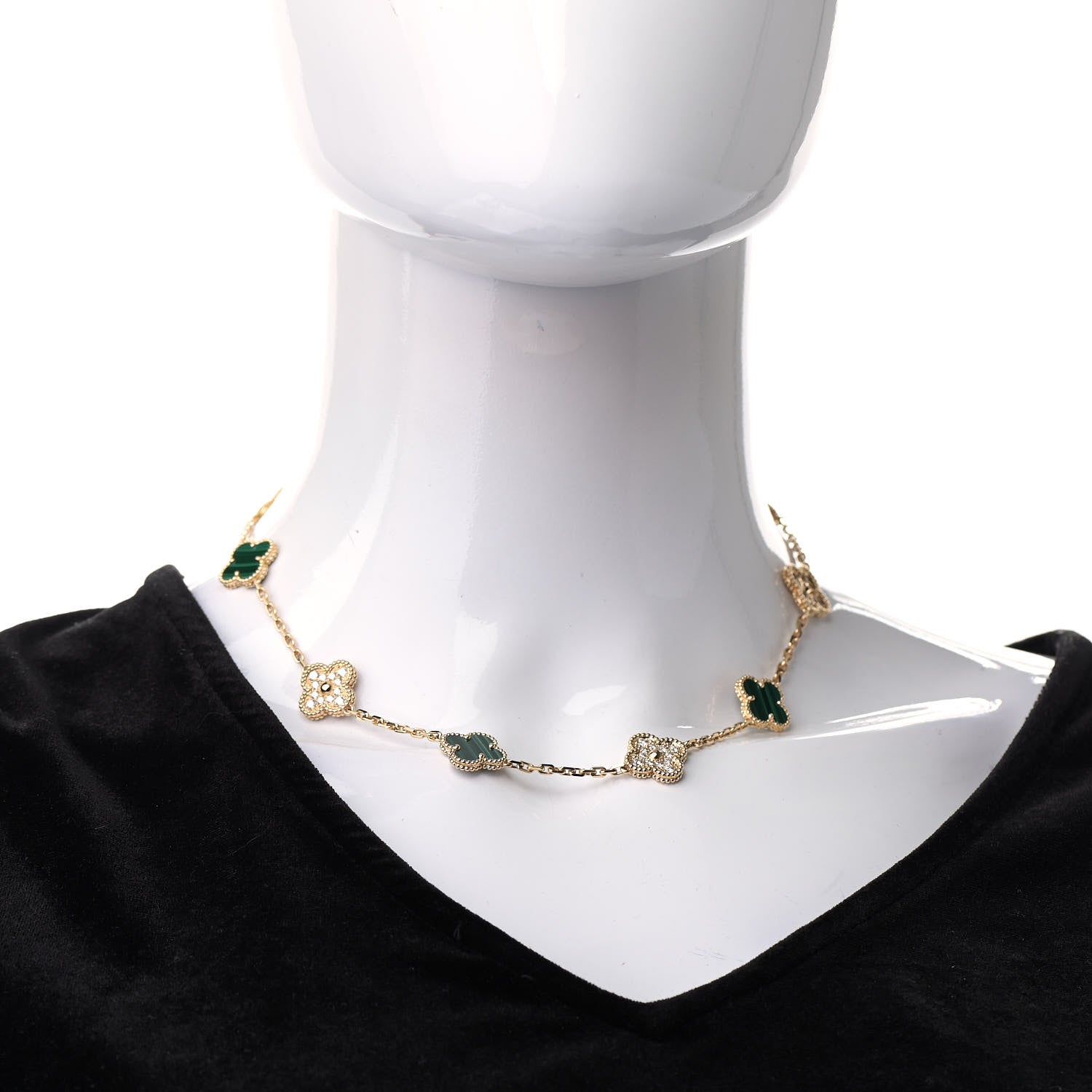 Van Cleef & Arpels 18K Yellow Gold Diamond Malachite 10 Motifs Vintage Alhambra Necklace 2 of 7