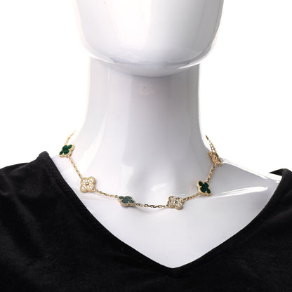 Van Cleef & Arpels 18K Yellow Gold Diamond Malachite 10 Motifs Vintage Alhambra Necklace 2 of 7