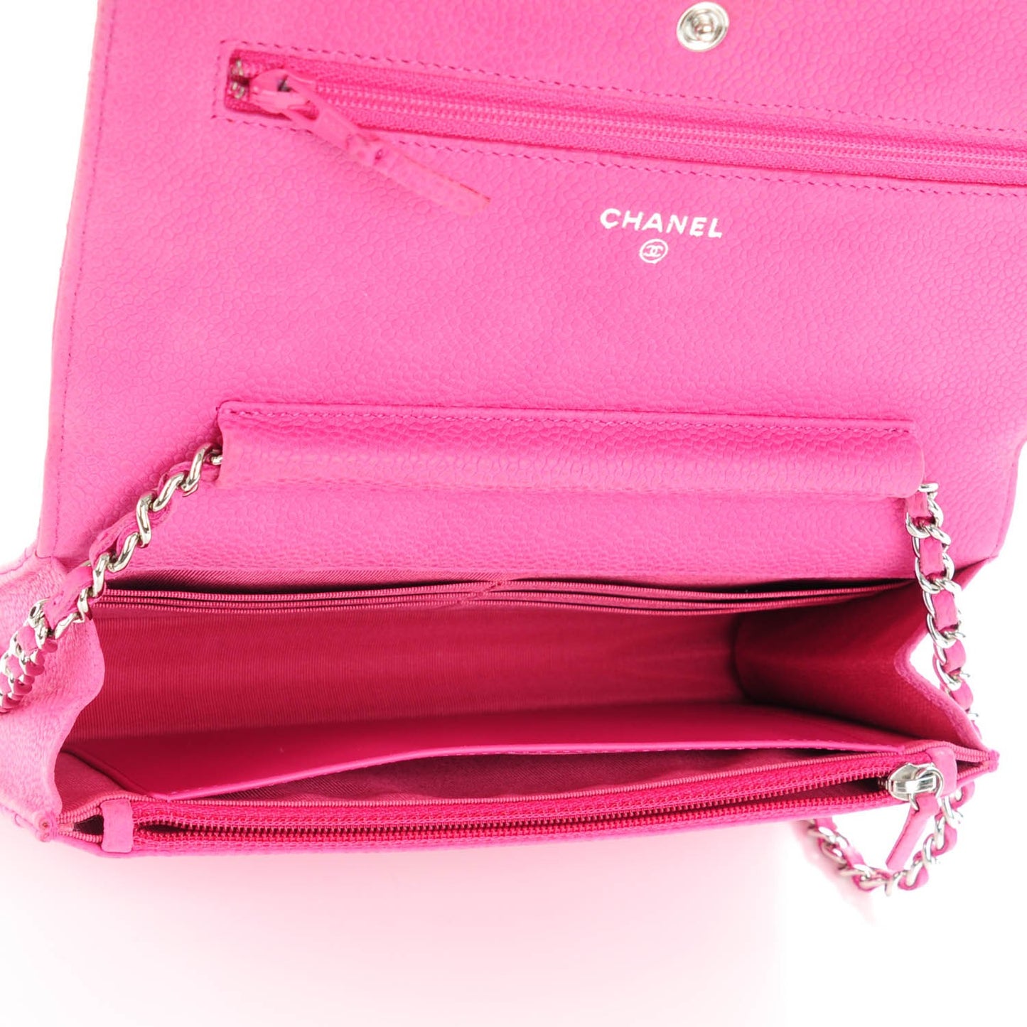 Iridescent Caviar Quilted Wallet on Chain WOC Pink