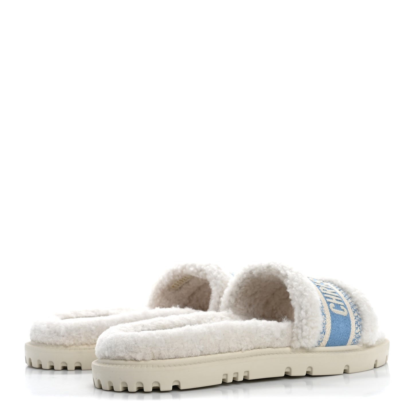Shearling Canvas Embroidered Dway 10mm Slide Sandals 37.5 Natural Light Blue
