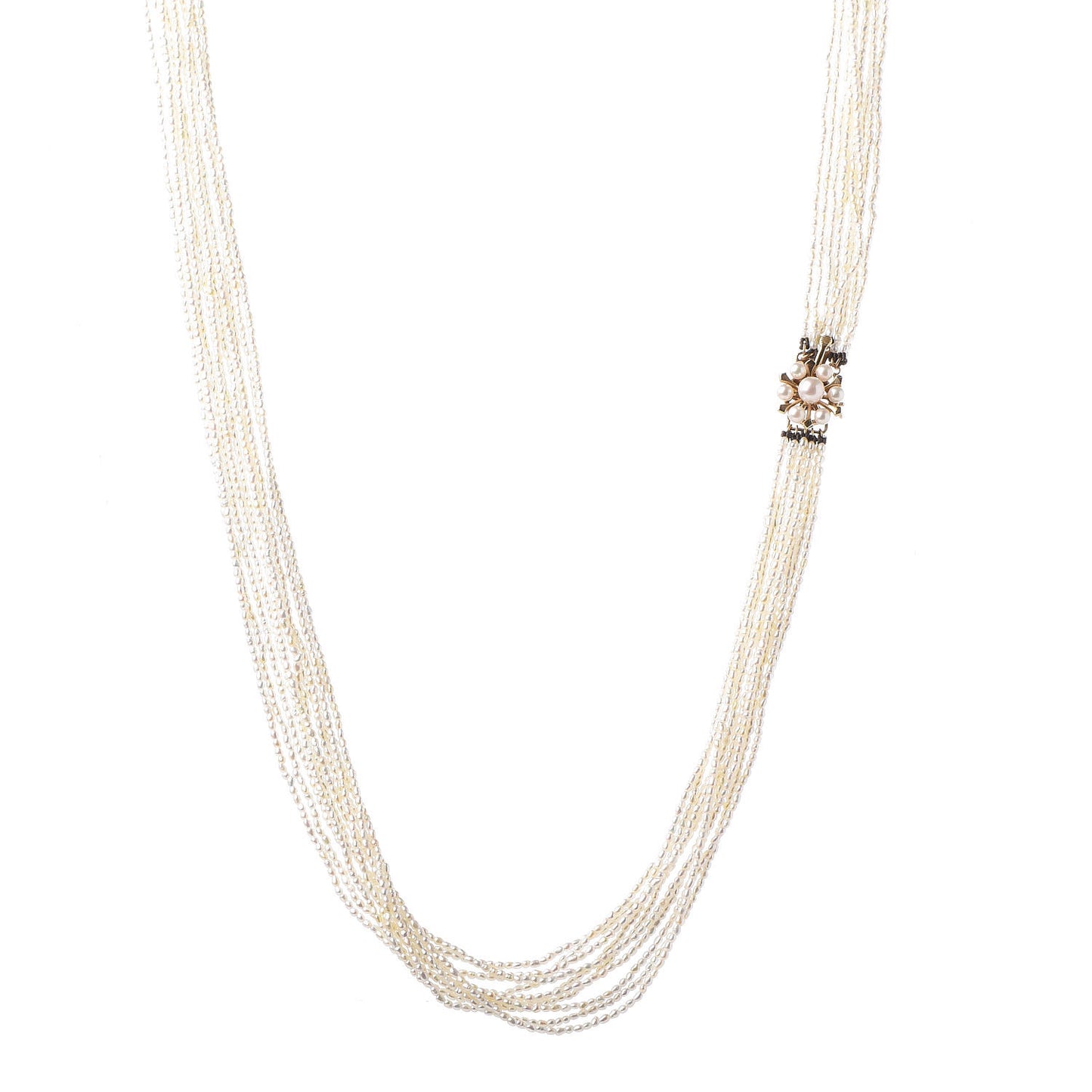 14K Yellow Gold Akoya Seed Pearl Multi Strand Necklace 28"
