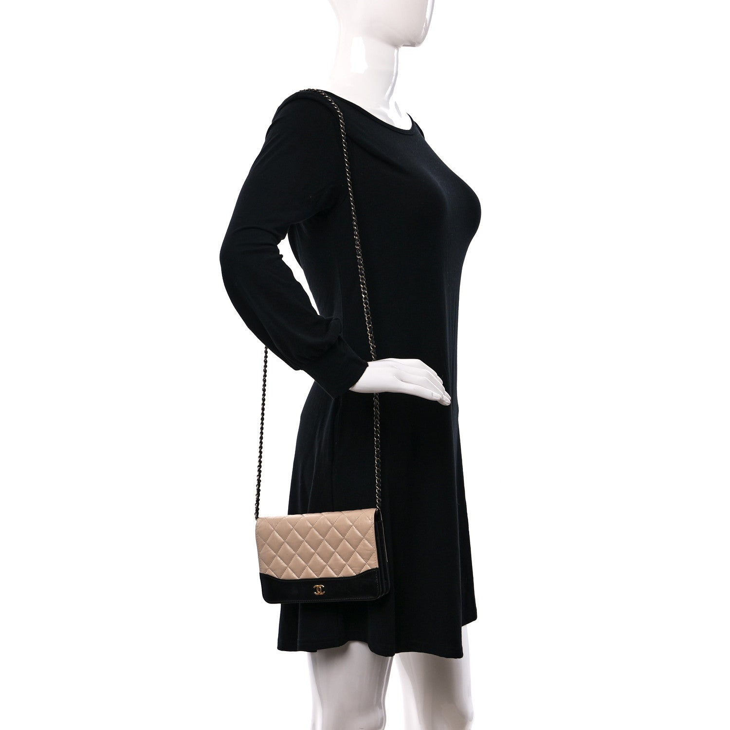 Chanel Aged Calfskin Quilted Gabrielle Wallet On Chain WOC Beige Black 2 of 18