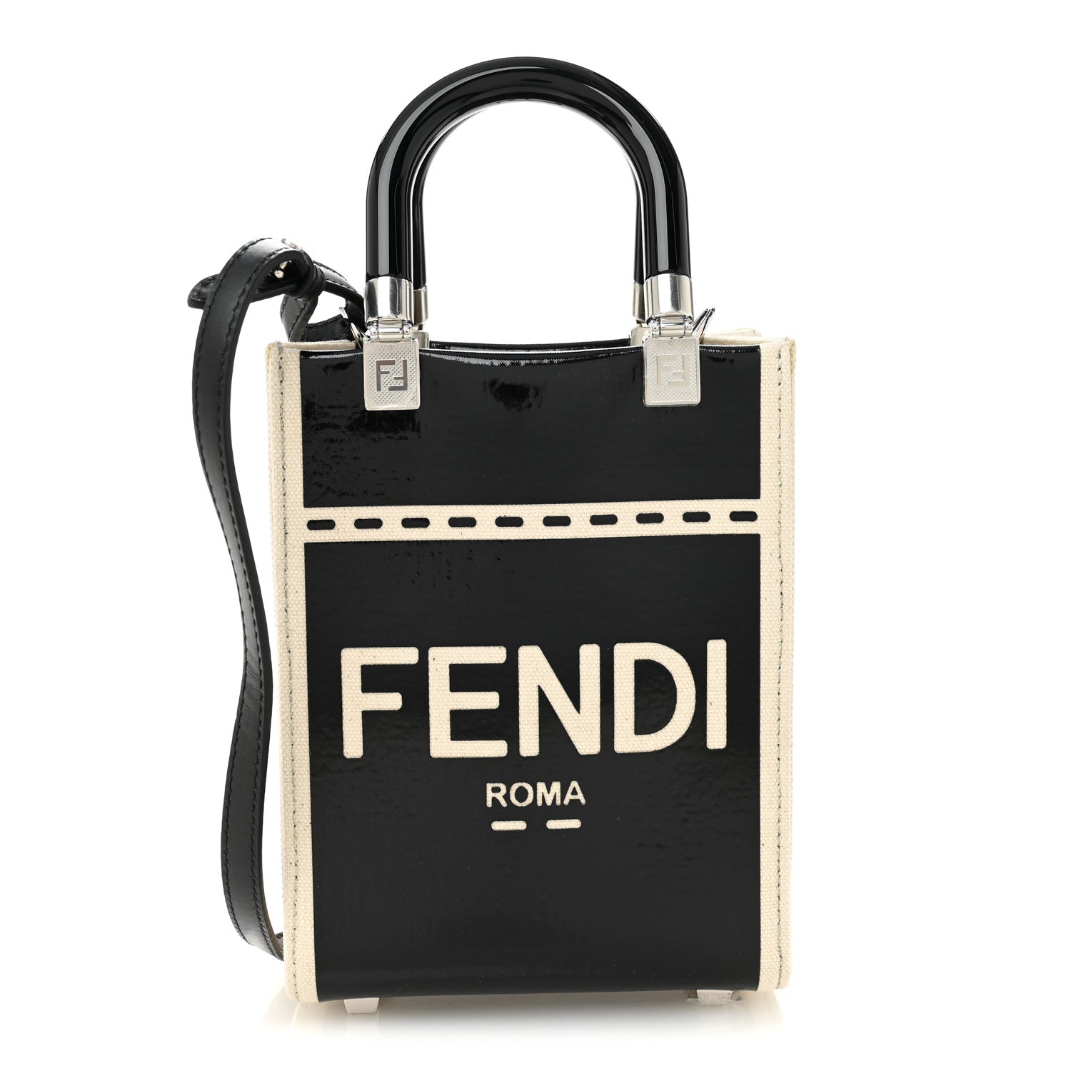 Fendi Canvas Spalmato Vernice Logo Embossed Mini Fendi Sunshine Shopper Tote Grezzo Black 1 of 11