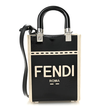 Fendi Canvas Spalmato Vernice Logo Embossed Mini Fendi Sunshine Shopper Tote Grezzo Black 1 of 11