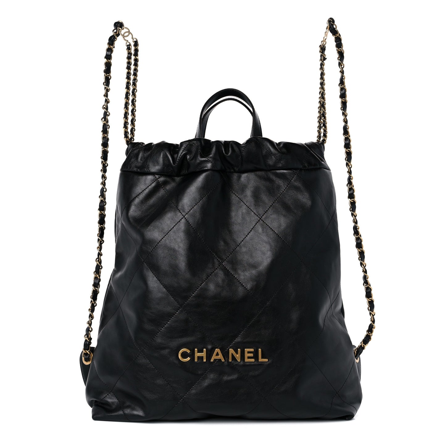 Shiny Calfskin Quilted Chanel 22 Backpack Black