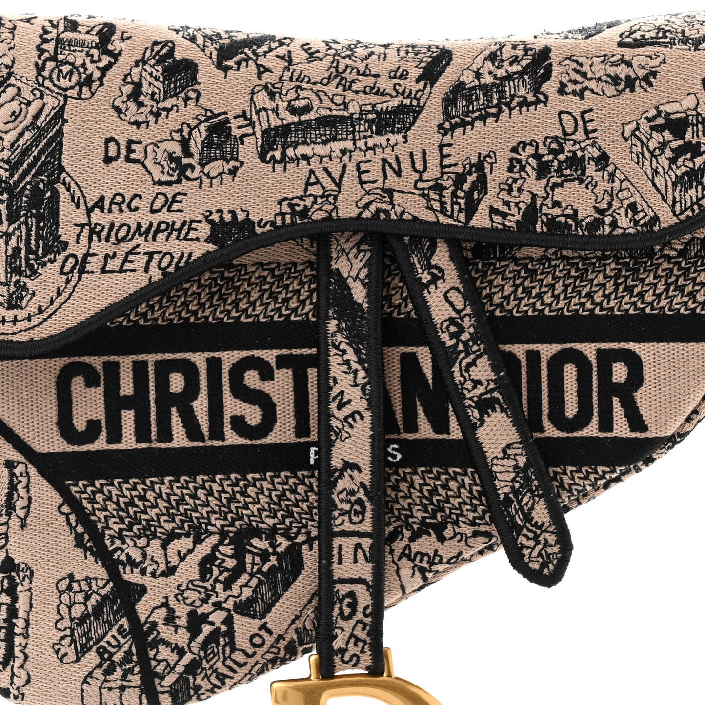 Canvas Embroidered Plan De Paris Printed Saddle Bag Beige Black