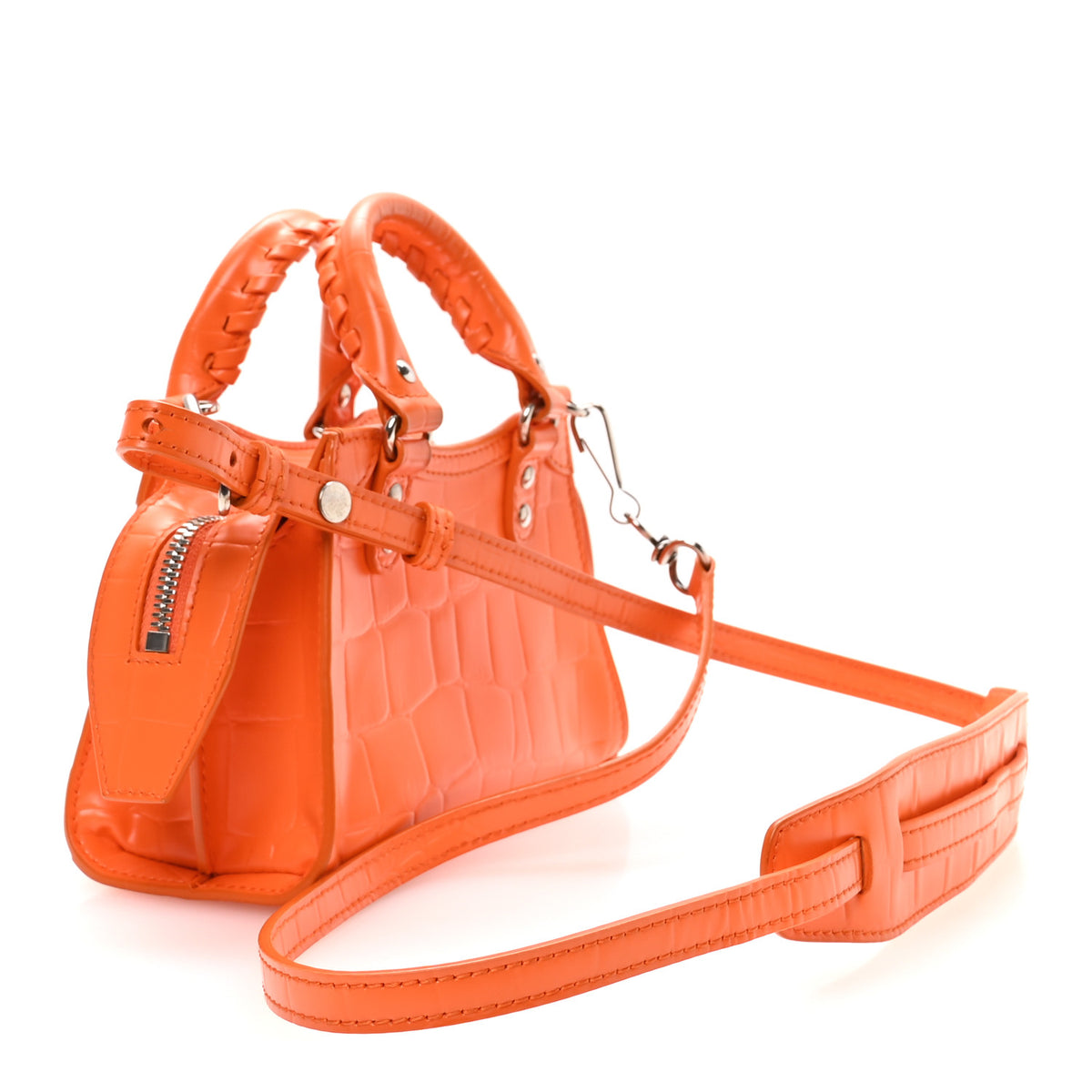 Balenciaga Semi Shiny Calfskin Crocodile Embossed Neo Classic Silver Hardware Nano City Crossbody Orange 3 of 10