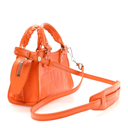 Balenciaga Semi Shiny Calfskin Crocodile Embossed Neo Classic Silver Hardware Nano City Crossbody Orange 3 of 10