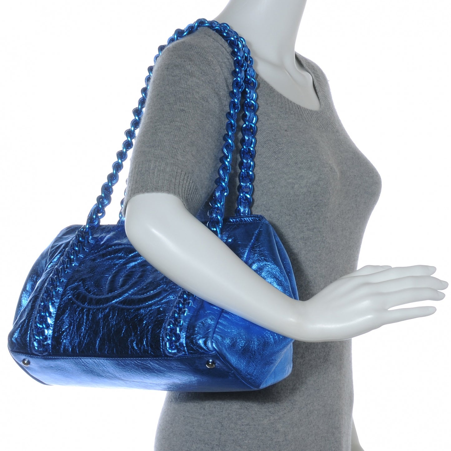 Leather Modern Chain Tote Metallic Blue