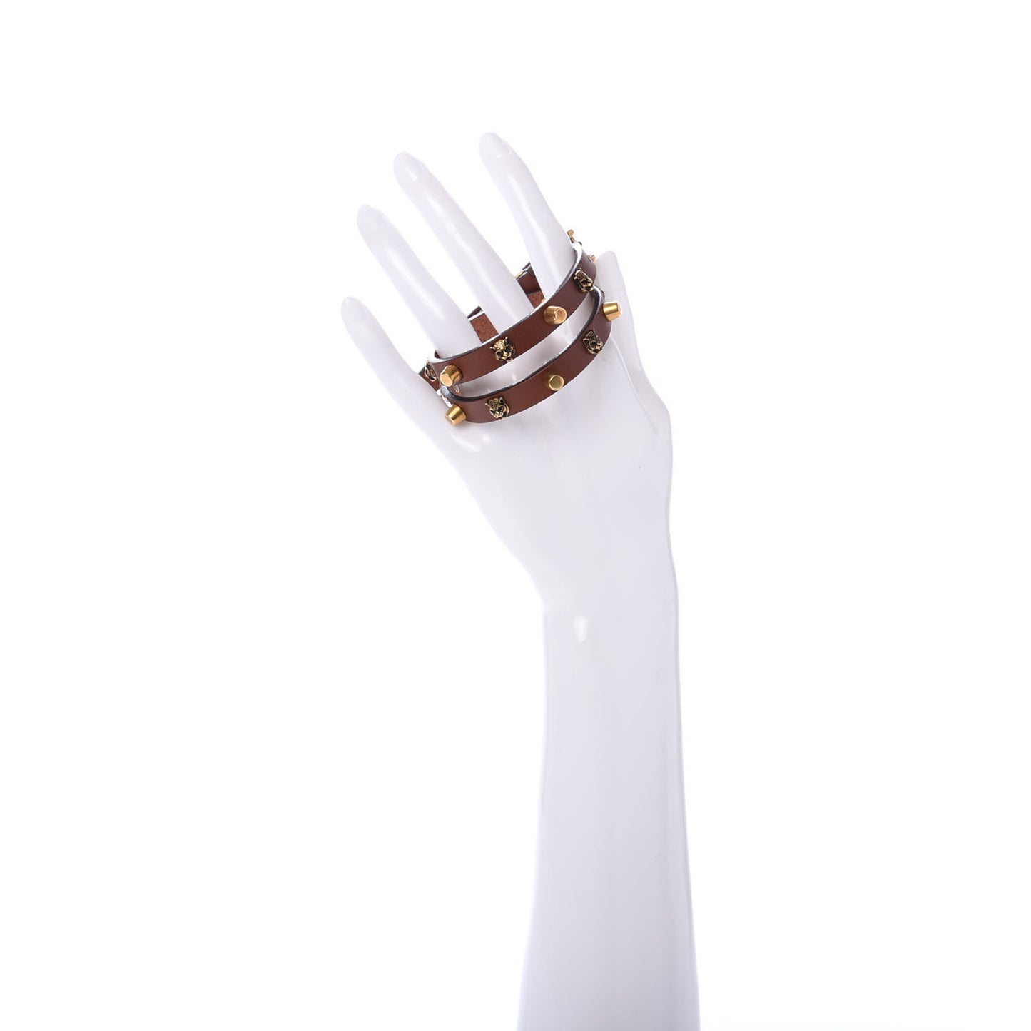 Calfskin Feline Head Studded Bracelet Brown