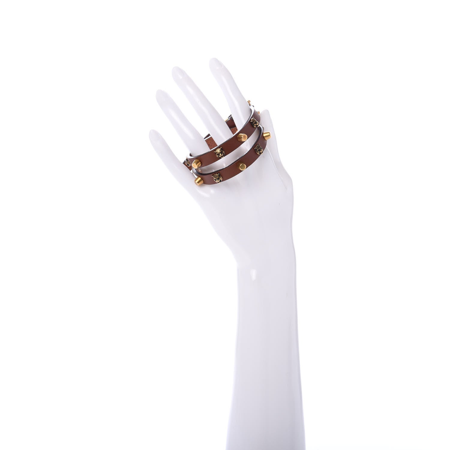 Gucci Calfskin Feline Head Studded Bracelet Brown 2 of 5