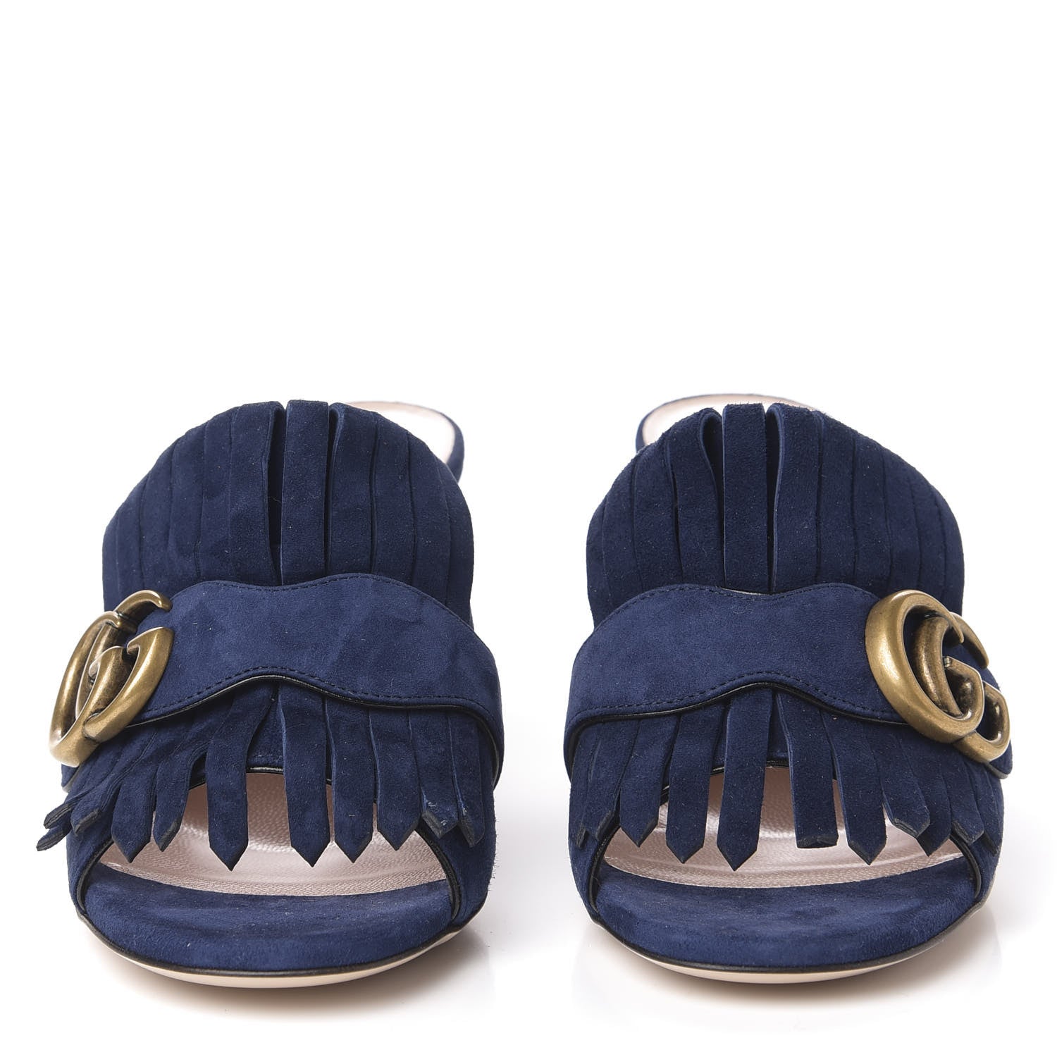 Gucci Kid Scamosciato GG Marmont Fringe 75mm Slide Sandals 35 Blue Ink 2 of 9