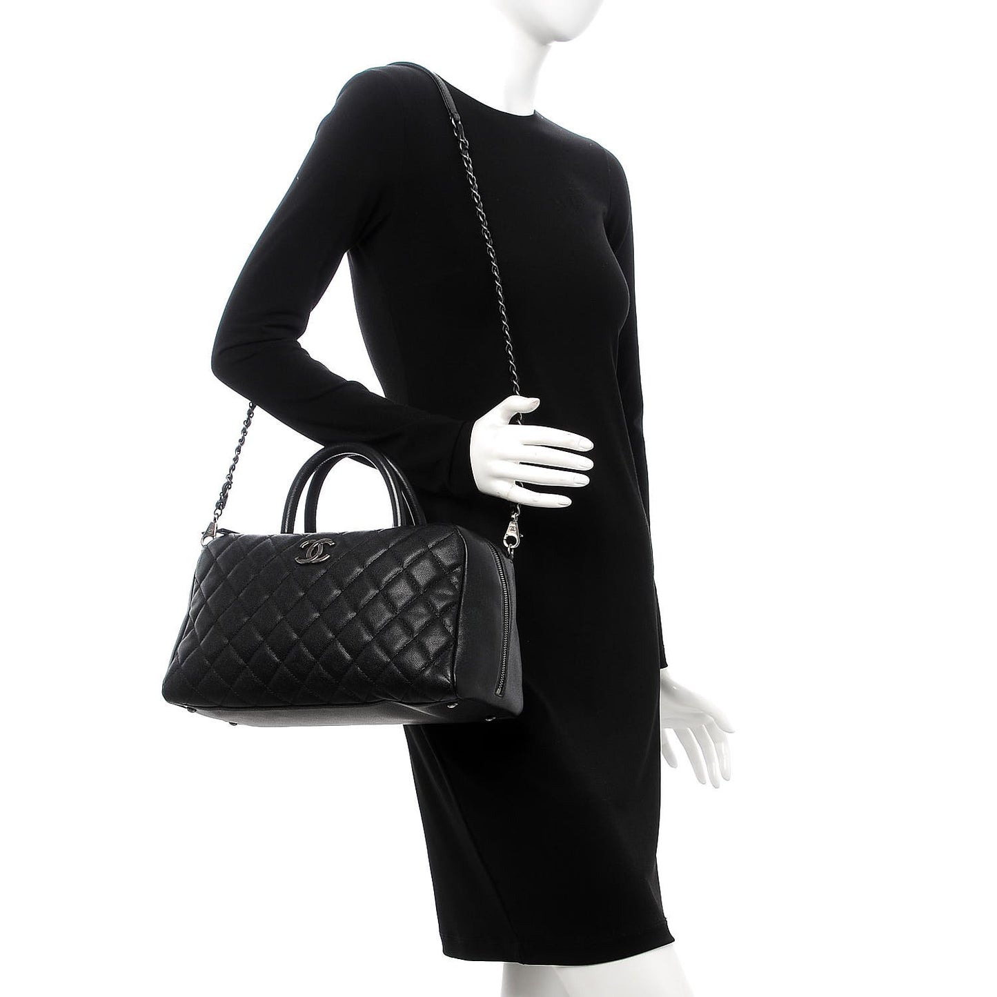 Caviar Quilted Large Coco Handle Bowling Bag Black