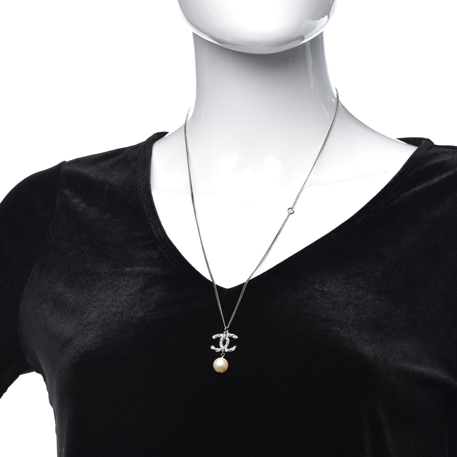 Chanel Pearl Crystal Twisted CC Drop Necklace Silver 2 of 6