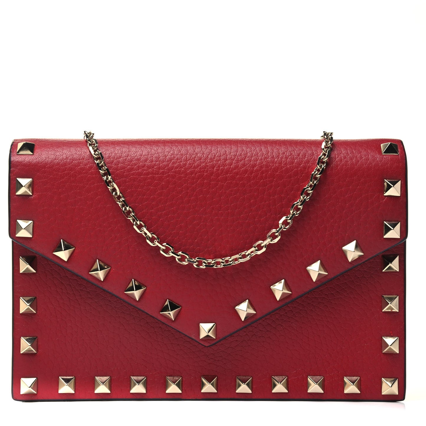 Pebbled Calfskin Rockstud Envelope Wallet on Chain Rubino