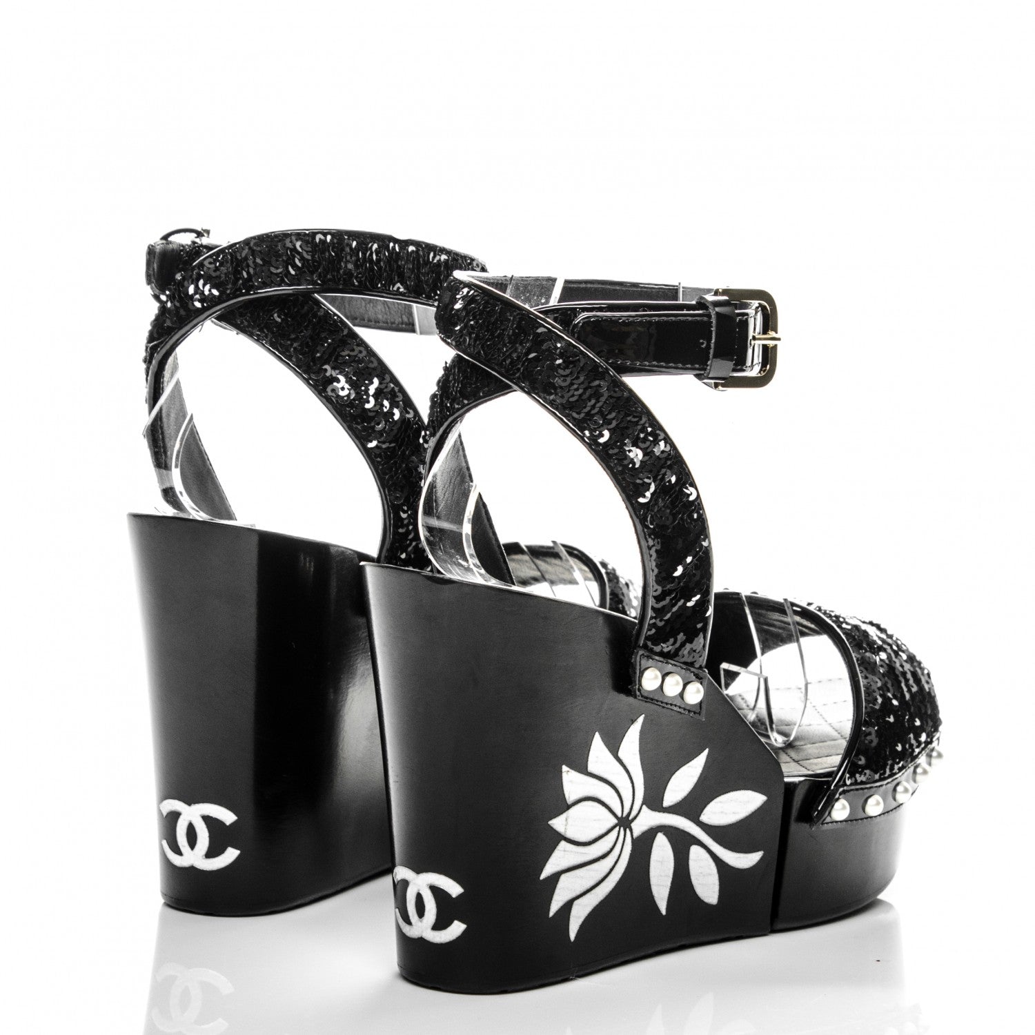 Chanel Sequin Wedge Sandals 38.5 Black 4 of 7