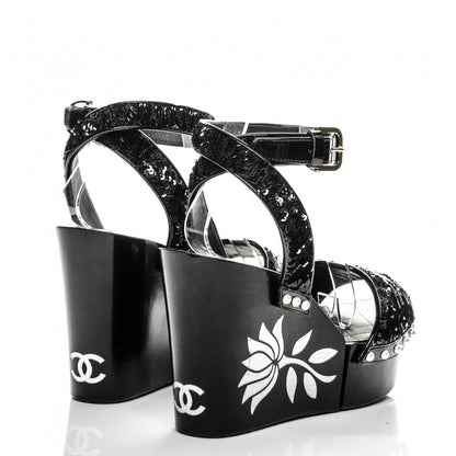 Chanel Sequin Wedge Sandals 38.5 Black 4 of 7