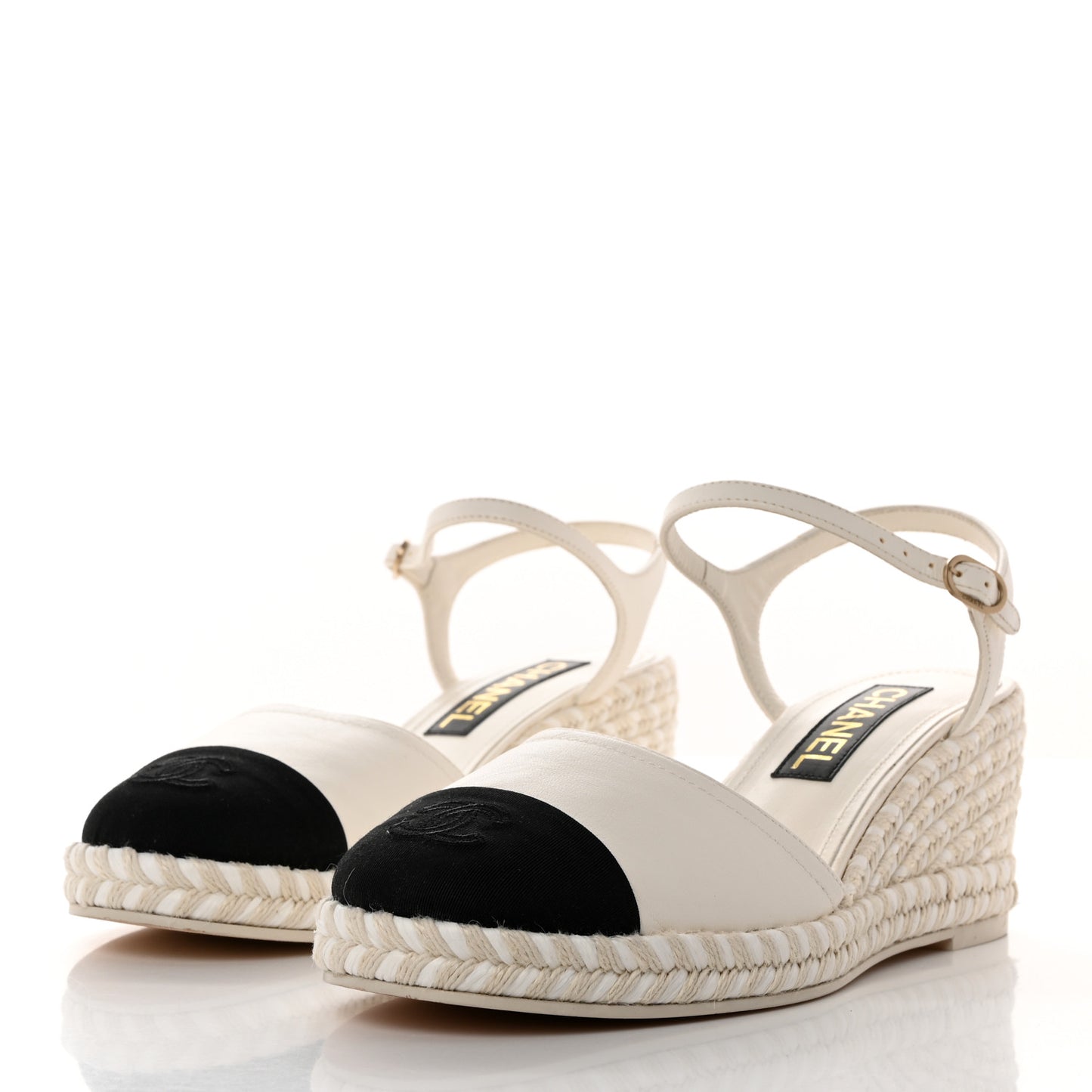 Lambskin Grosgrain CC Espadrilles Wedges 40 White Black