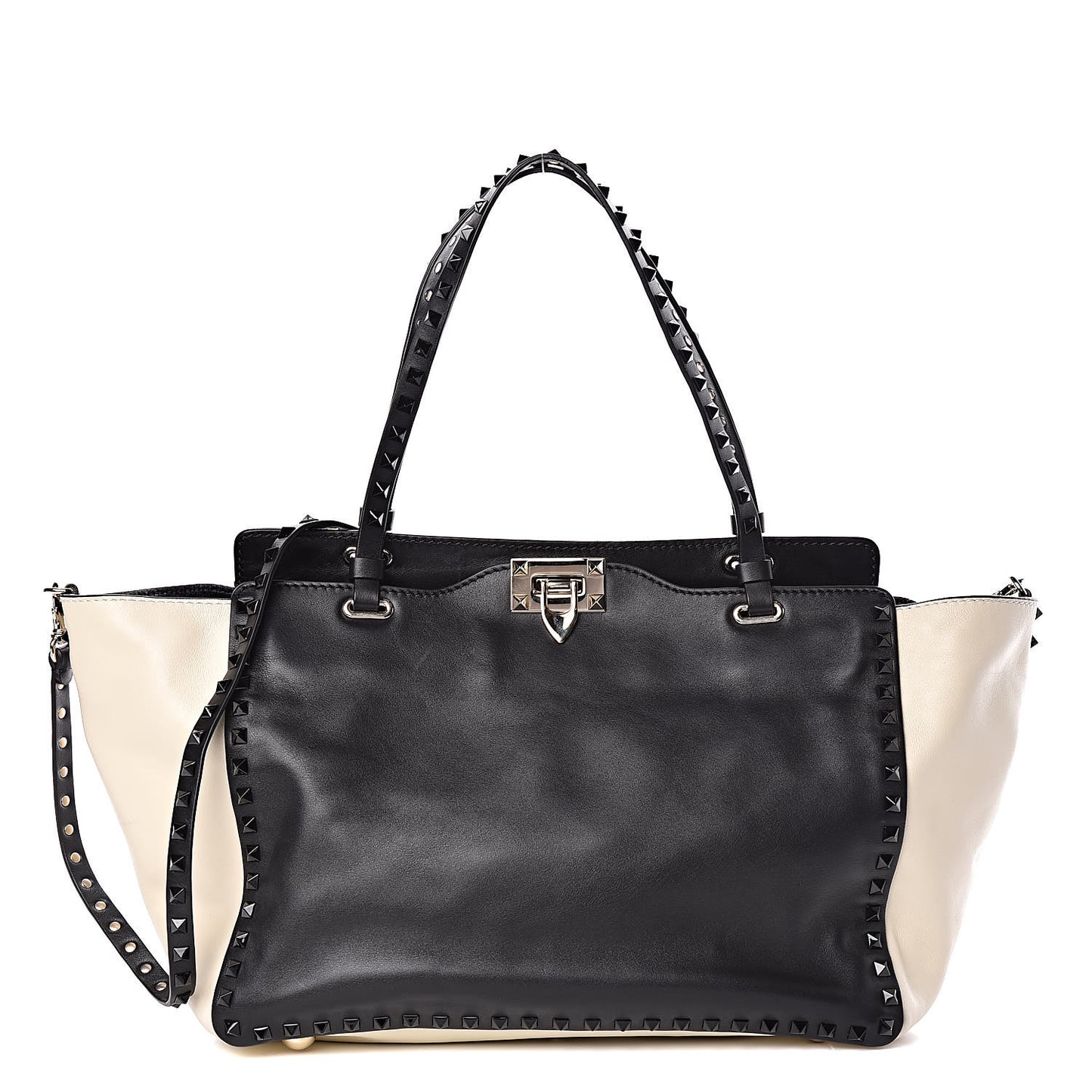 Vitello Monochrome Medium Rockstud Tote Black Light Ivory
