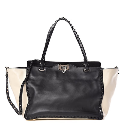 Valentino Garavani Vitello Monochrome Medium Rockstud Tote Black Light Ivory 1 of 16