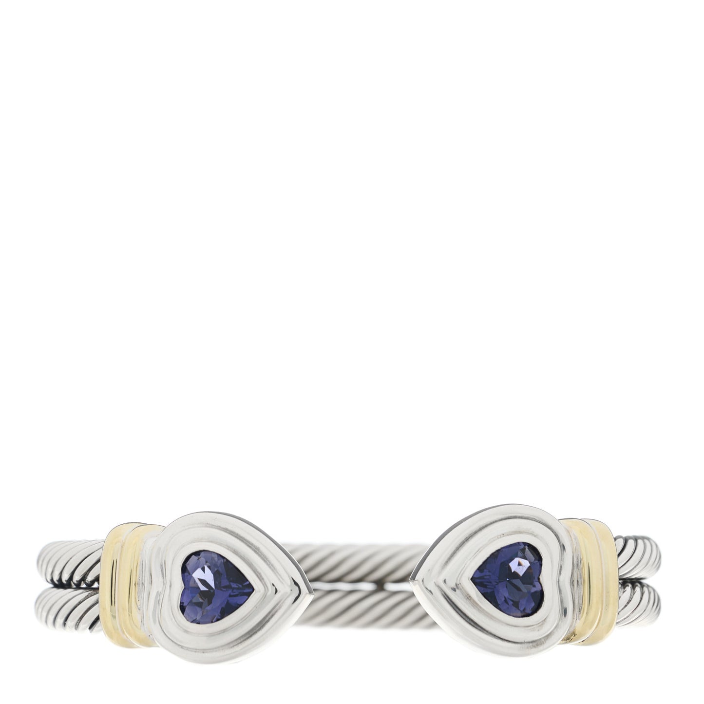 Sterling Silver 14K Yellow Gold Iolite Heart Double Cable Cuff Bracelet