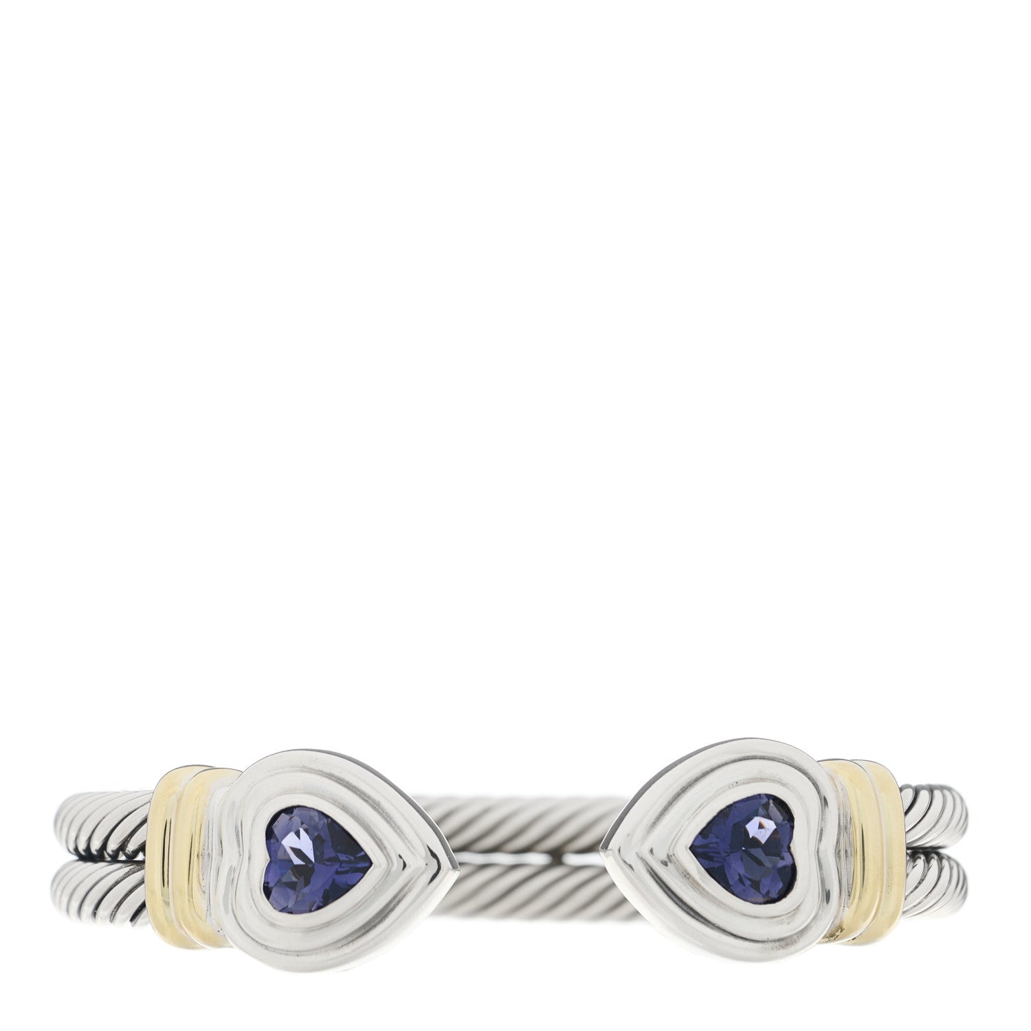 David Yurman Sterling Silver 14K Yellow Gold Iolite Heart Double Cable Cuff Bracelet 1 of 4